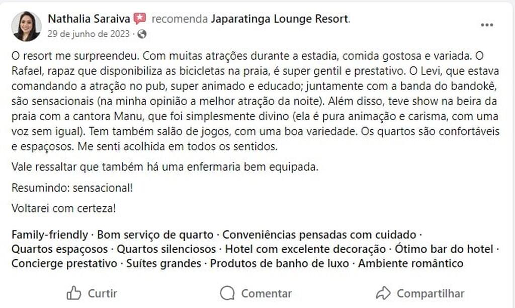 avaliação do Japaratinga Lounge Resort no Facebook