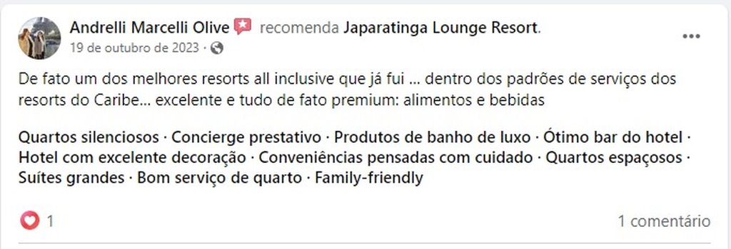 avaliação do Japaratinga Lounge Resort no Facebook