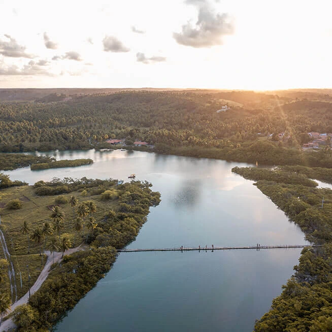 Vista aérea de uma ponte de madeira sobre um lago cercado por vegetação e coqueiros ao pôr do sol em Japaratinga.