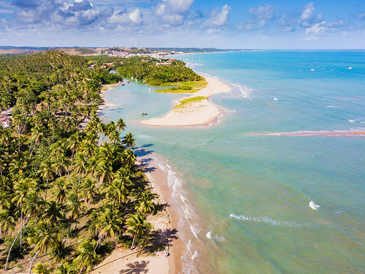 Vista aérea da praia de Japaratinga, com águas cristalinas e coqueirais exuberantes, proporcionando um cenário paradisíaco.